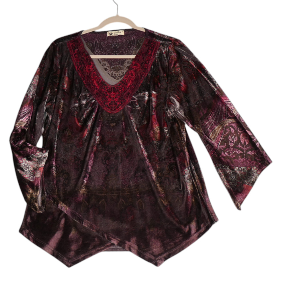 Unity World Wear Velour Tunic Sweater Womens L Red Multi Paisley Floral Stretch